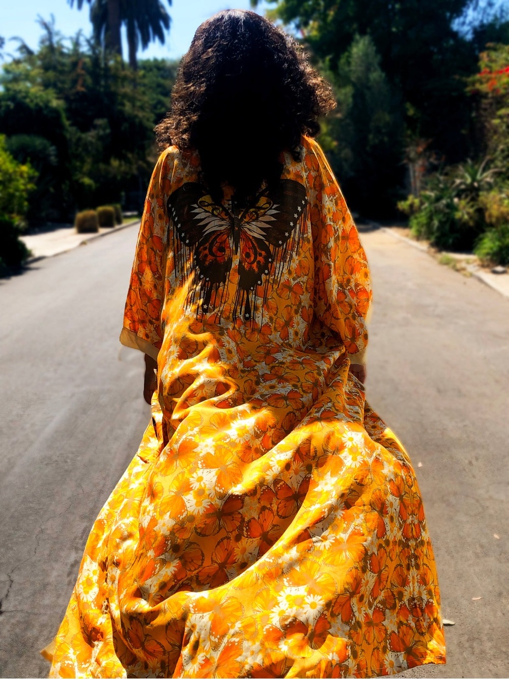 New Henelle Lauren Canyon Bohemian Orange Yellow Floral Butterfly Robe One Size